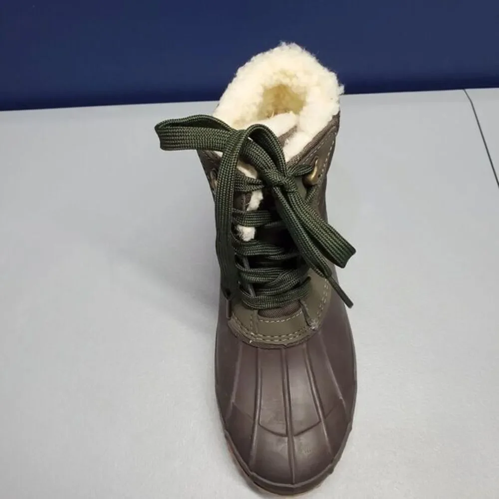 Khombu Zany Waterproof Duck Boots Womens Sz 7 Grey Green Synthetic Faux Fur Trim